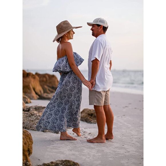 Boho Damask Tile Printed Ruffle Strapless Flowy Long Summer Maxi Dress - Picture 4 of 7